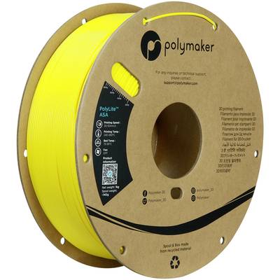 Eine gelbe Filamentspule aus ASA-Kunststoff von Polymaker. Die Verpackung ist aus recyceltem Material gefertigt. Geeignet für 3D-Druck.