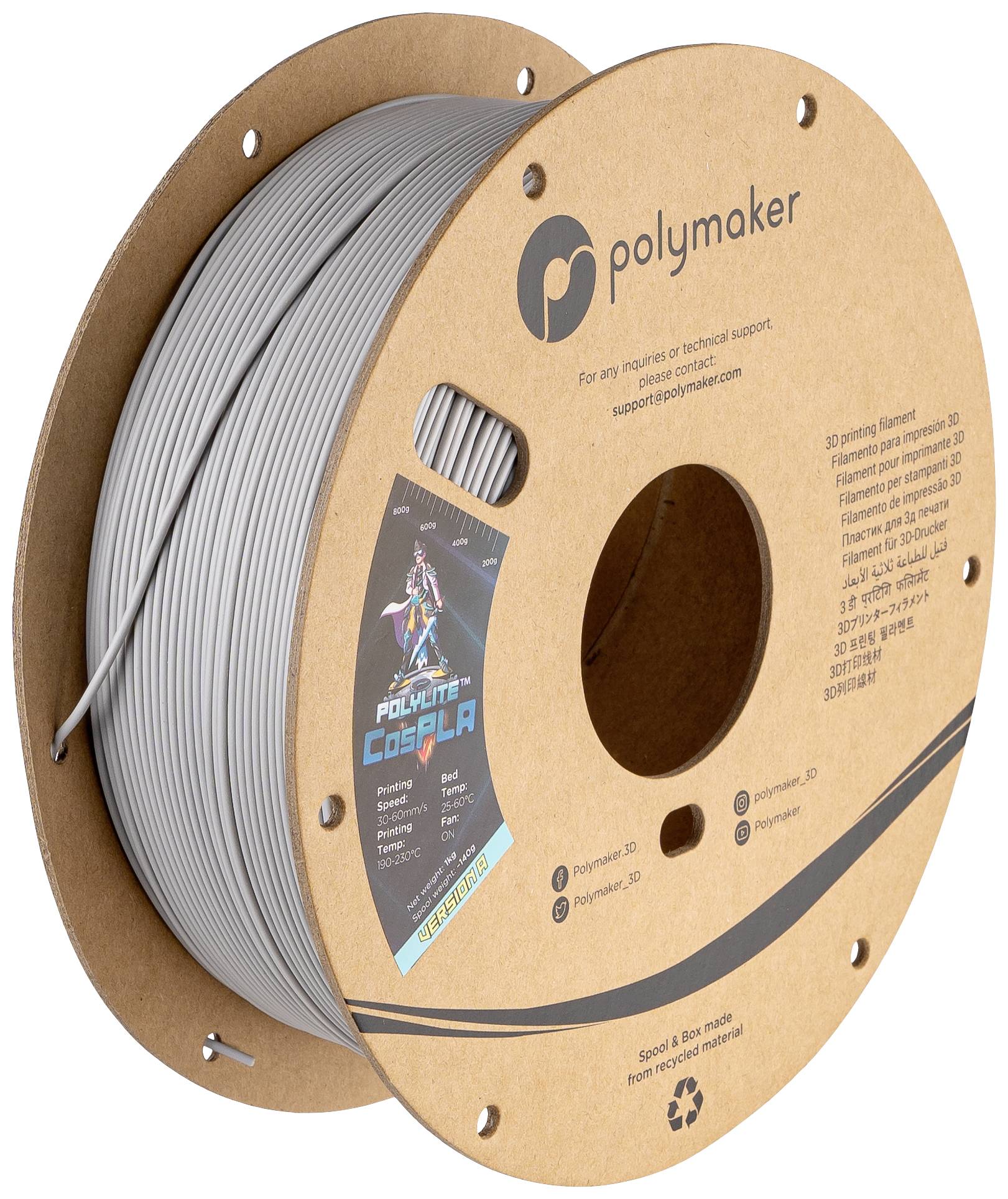 Polymaker PA05006 CosPLA Version A Filament PLA kunststof Goede verfhechting, Makkelijk te schuren 1.75 mm 1000 g Grijs PolyLite™ 1 stuk(s)