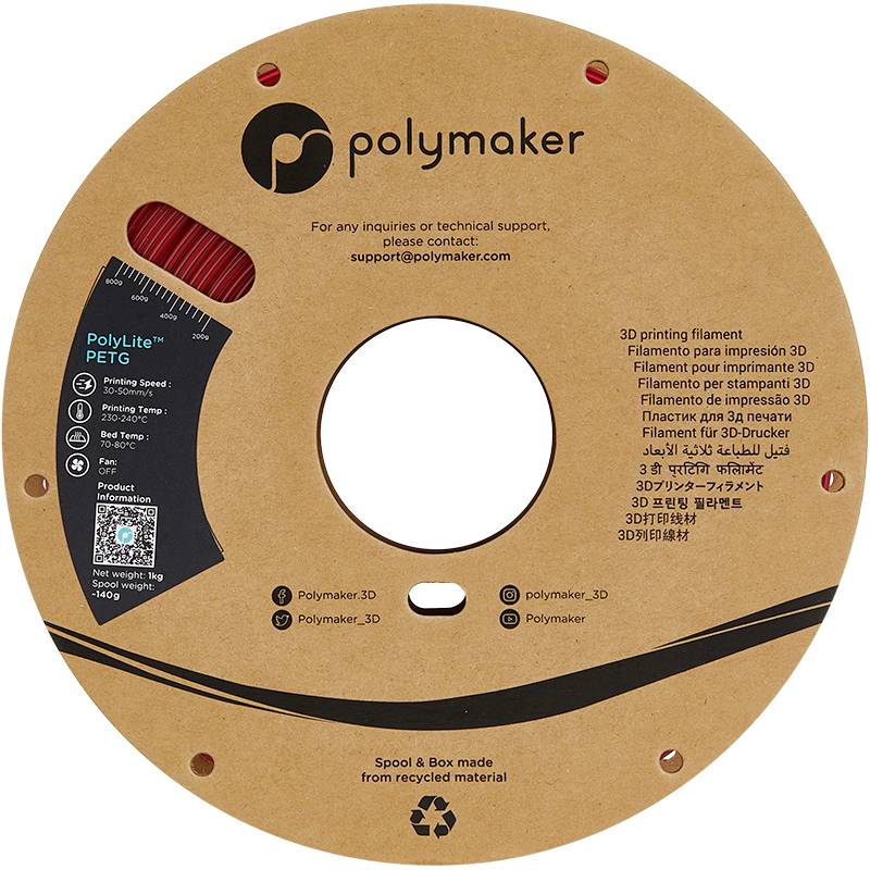 Runde Spule aus recyceltem Material mit Aufschrift 'Polymaker' und Kontaktinfos. Enthält roten 3D-Druck-Filament-Draht, 'PolyLite PETG'.
