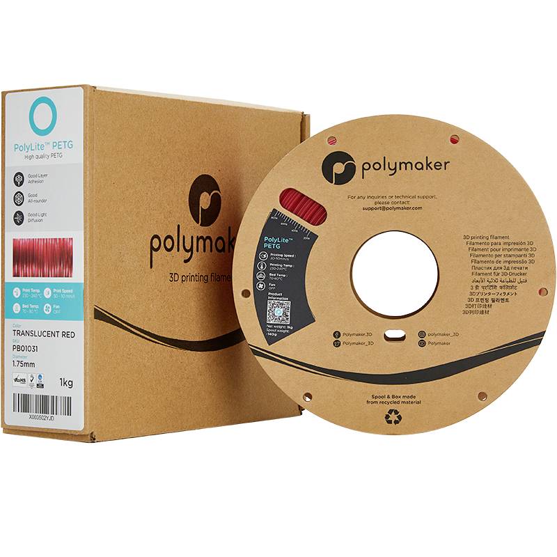 3D-Drucker-Filament von Polymaker in 'Translucent Red'. Karton mit Markenlogo und Spule auf der rechten Seite. Geeignet für PETG-Druck.