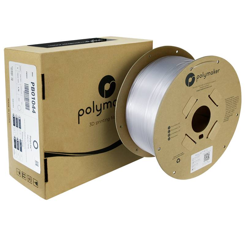 3D-Drucker Filament von Polymaker in transparentem Weiß, auf einer Rolle. Verpackung zeigt Marke und Produktdetails.
