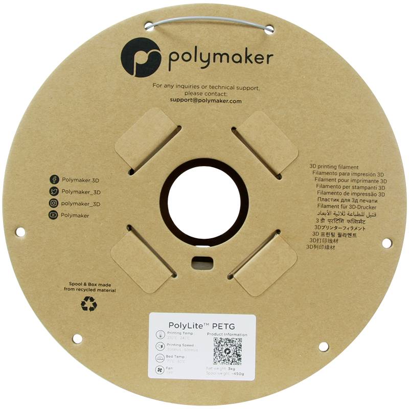 Eine Spule Polymaker PolyLite PETG-Filament mit Kontaktinformationen und technischen Details auf der Pappverpackung aufgedruckt.