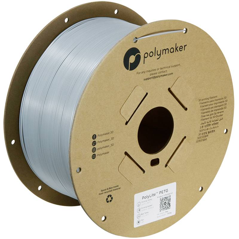 Eine Rolle hellgraues 3D-Druckerfilament von Polymaker, auf Pappspule gewickelt. Geeignet für PETG-Druck, 1,75 mm Durchmesser.