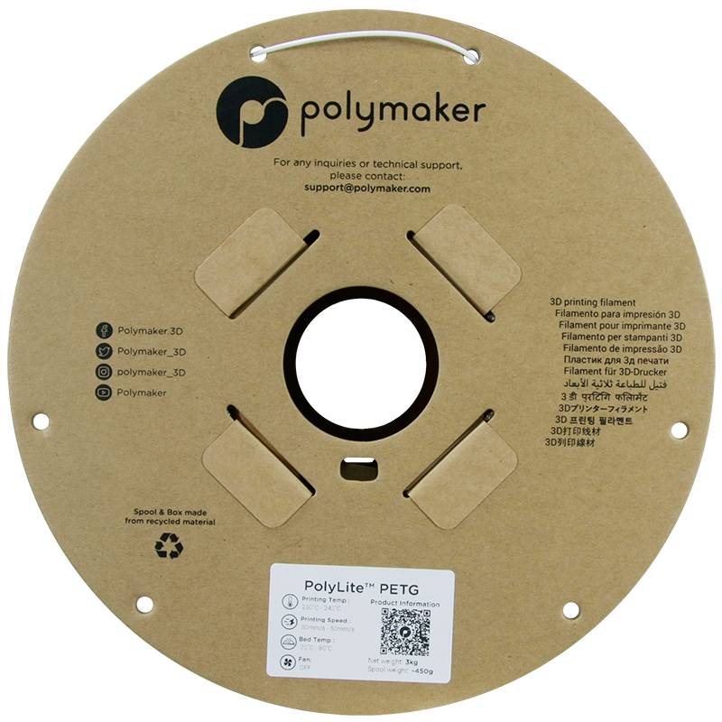 Eine Spule aus Karton mit PETG-Filament von Polymaker. Auf der Spule befinden sich Kontaktinformationen und Wiederverwertungshinweise.