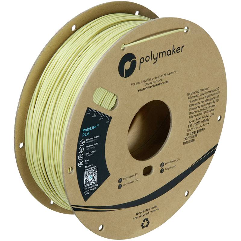 Eine Rolle 3D-Druckerfilament von Polymaker, beige Farbe, aus PLA, auf einer umweltfreundlichen, recycelbaren Kartonspule.