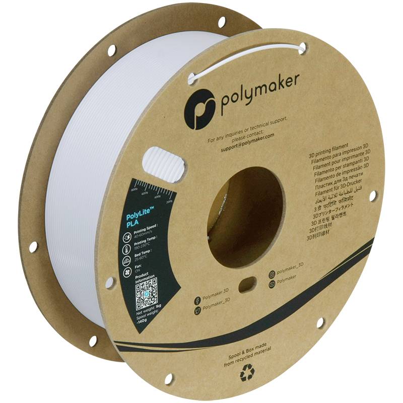 Eine Spule mit weißem 3D-Druckerfilament der Marke Polymaker. 