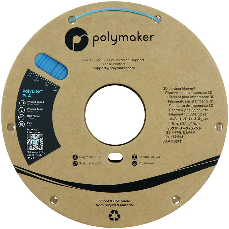 'Polymaker' 3D-Druckerfilamentrolle mit QR-Code und Kontaktinformation, aus recyceltem Material. Enthält 1 kg PolyLite PLA-Filament.