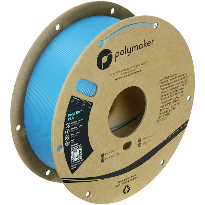 Plastikspule mit blauem 3D-Drucker-Filament. Auf der Verpackung steht 'PolyLite PLA' von Polymaker.