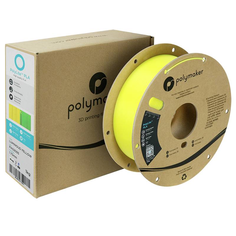 Gelbe PLA-Filamentrolle von Polymaker vor einem braunen Karton. Geeignet für 3D-Druck, Material: Polylite. Gewicht: 1 kg.