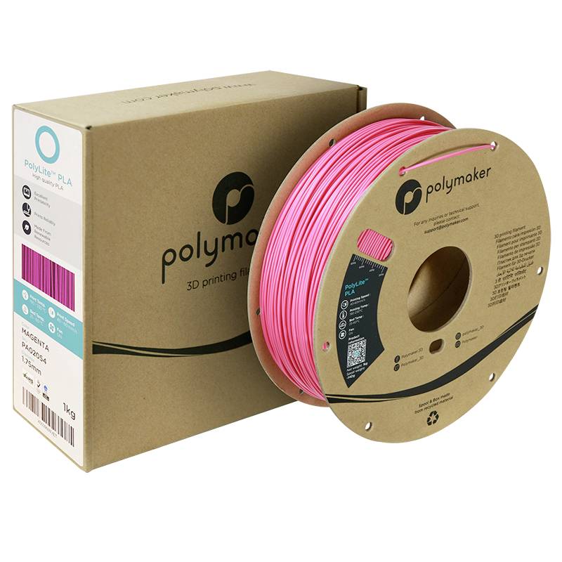 Spule mit magentafarbenem 3D-Drucker-Filament neben einer Kartonverpackung der Marke Polymaker, Etikett zeigt Produktspezifikationen.