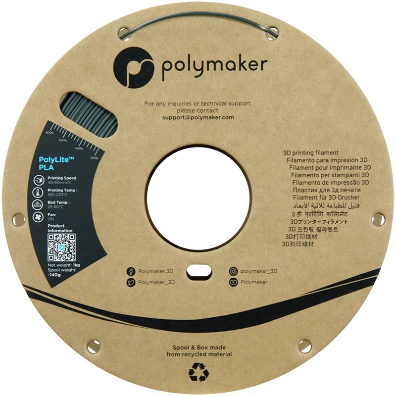 'Polymaker PolyLite PLA 3D-Druckfilament, 1,75 mm, Gewicht 1 kg, empfohlen für 210°C Drucktemperatur. Hergestellt aus recyceltem Material.'