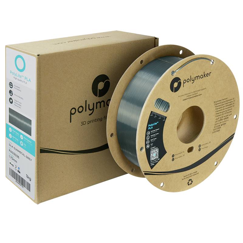 Eine Rolle graues PLA-Filament von Polymaker neben der Verpackung. Auf der Verpackung sind Produktdetails und Logos sichtbar.