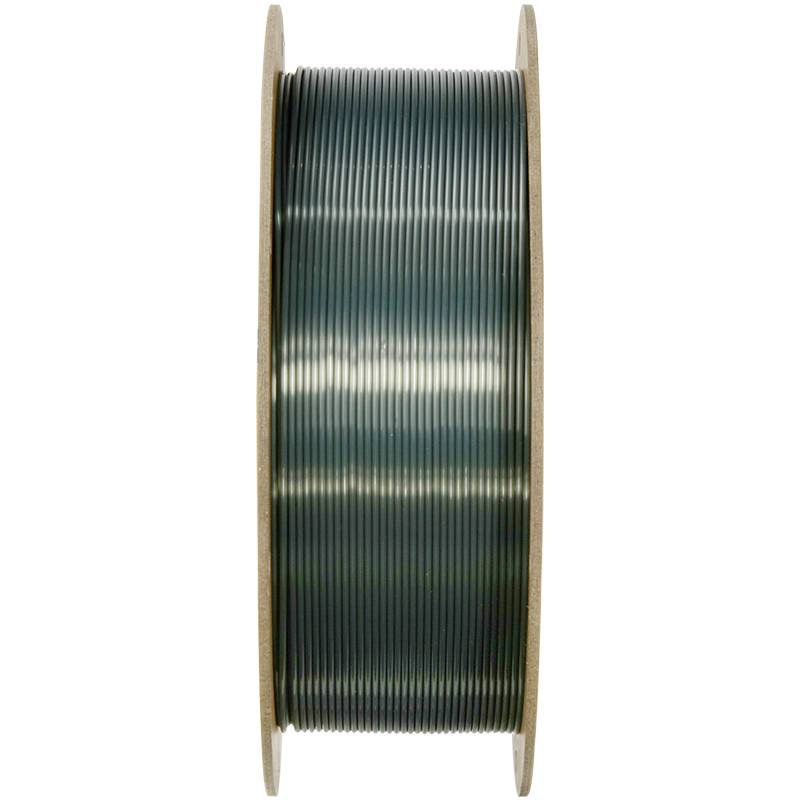 Spule mit dunkelgrünem Filament für 3D-Drucker. Die Spule ist zylindrisch, besteht aus Holz und hat das Filament gleichmäßig aufgewickelt.