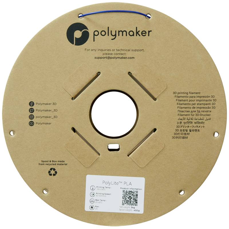 Kabeltrommel aus Pappe mit Markenlogo und Kontaktemail 'support@polymaker.com'. Beinhaltet technische Details und Social-Media-Namen.