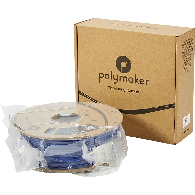 Spule mit blauem 3D-Druckerfilament vor einer Verpackung mit der Aufschrift 'polymaker 3D printing filament'.