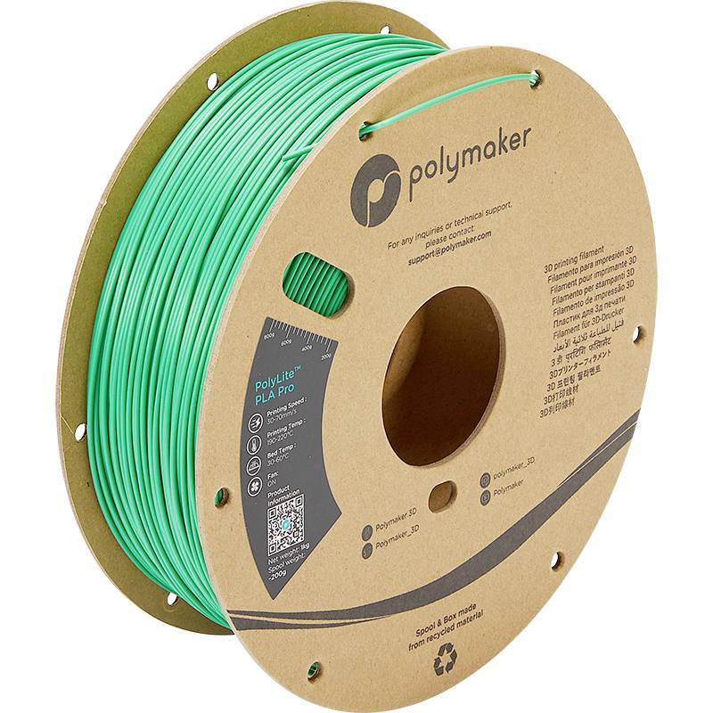 Grüne Filamentspule mit Aufdruck 'Polymaker PolyLite PLA Pro', recycelbares Material, für 3D-Druck.