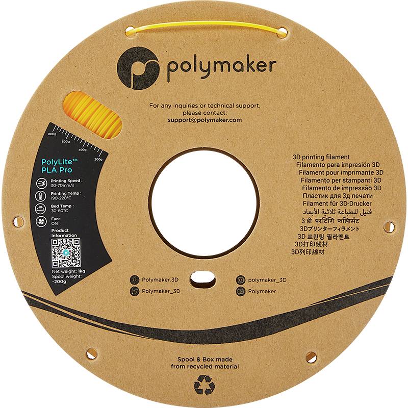 Runde Spule aus recyceltem Material mit orangefarbenem 3D-Druckmaterial. Markenzeichen 'Polymaker' und Serienname 'PolyLite PLA Pro' sichtbar.
