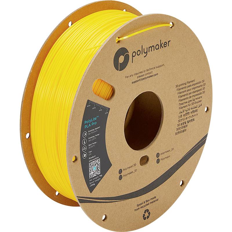 Gelbe Spule mit 3D-Druckerfilament der Marke Polymaker. Etikett enthält QR-Code und Produktinformationen.