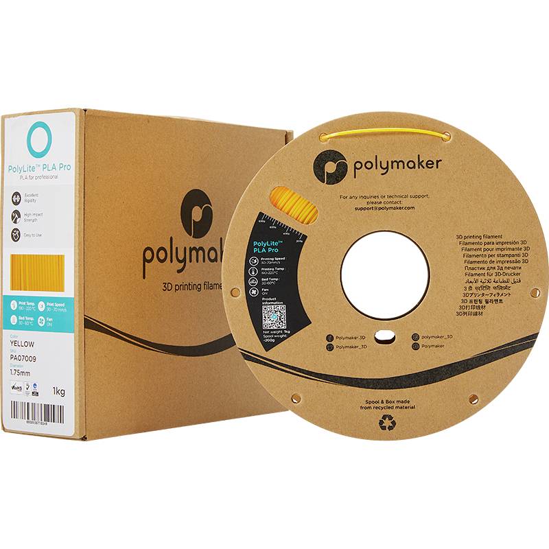 Eine Rolle gelbes 3D-Drucker-Filament aus PLA Pro von Polymaker, gezeigt in einer Pappschachtel. Eignet sich für präzises Drucken.