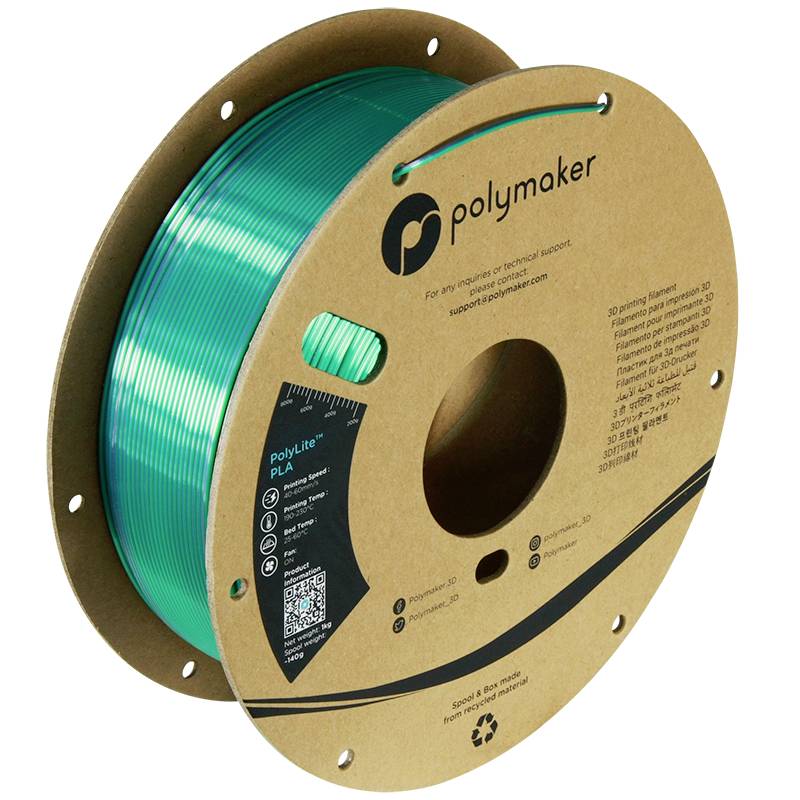 Eine Rolle aus türkisfarbenem PLA-3D-Drucker-Filament der Marke Polymaker, auf einer runden Pappspule mit Etikett.