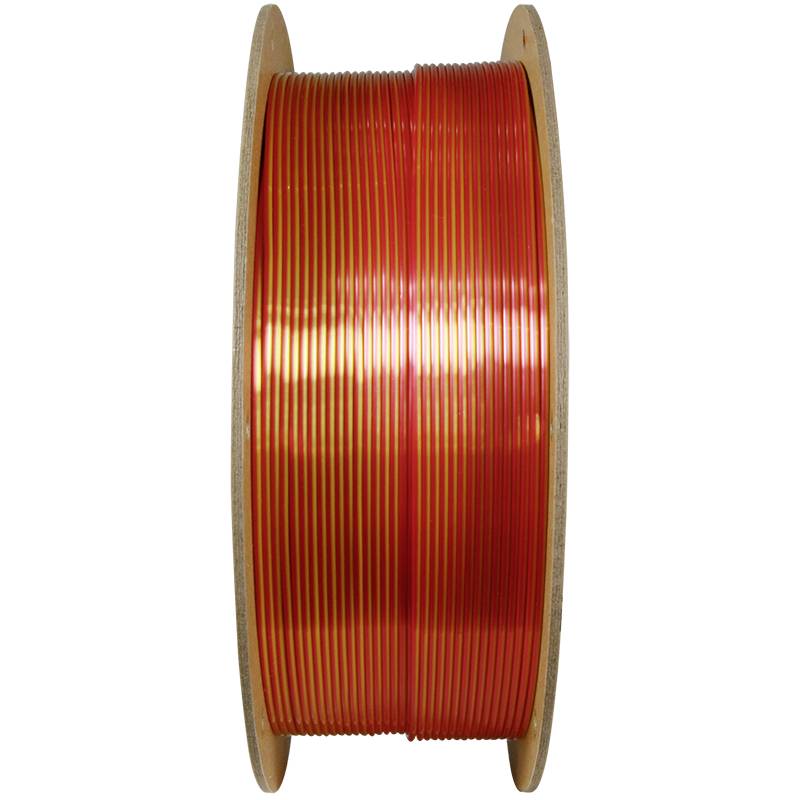 Eine Rolle mit orangefarbenem Filament für 3D-Drucker, zwischen zwei runden Holzscheiben eingespannt.