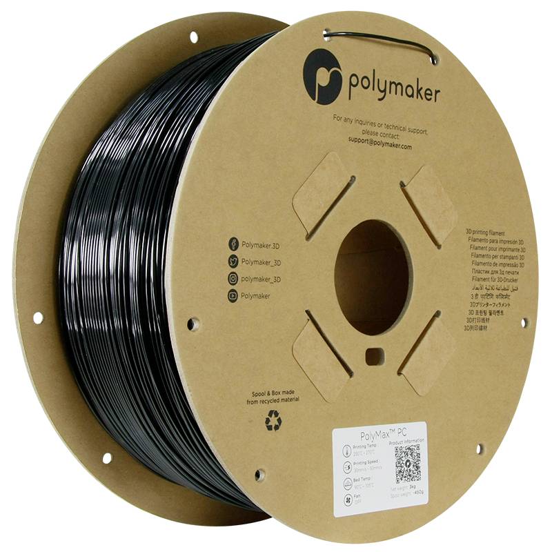 Polymaker PC02007 6938936712770 Filament PC (polycarbonaat) Slagvast, Hittebestendig 1.75 mm 3000 g Zwart PolyMax™ 1 stuk(s)