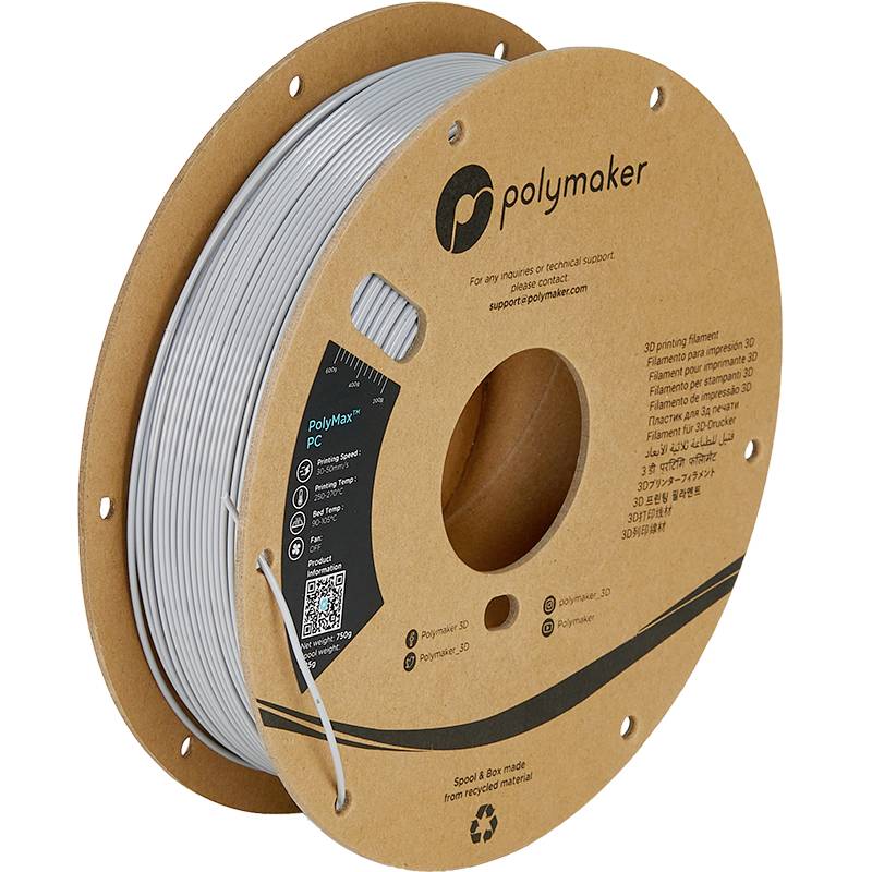 Polymaker 3D-Drucker-Filament auf einer Pappspule, grau, mit QR-Code und Mehrsprachigkeit.