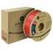 Eine Spule mit rotem Filament neben einer Kartonverpackung der Marke Polymaker für 3D-Druck.