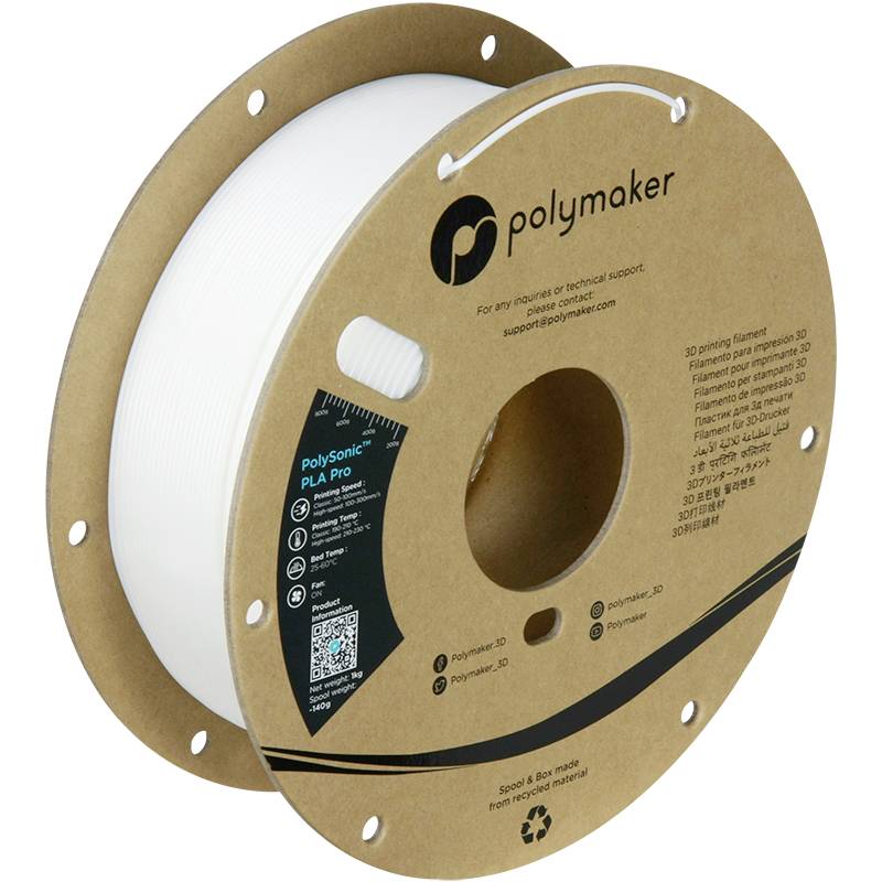 Eine Rolle weißes 3D-Drucker-Filament der Marke Polymaker, Typ PLA Pro, mit QR-Code und technischen Details auf der Verpackung.