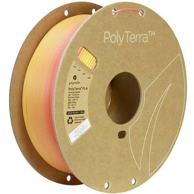 Spule mit 3D-Druckmaterial, orange, aus PLA, auf brauner, recycelbarer Verpackung mit 'PolyTerra' Aufschrift.