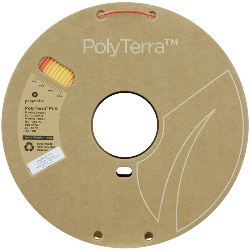 Kartonspule mit orangefarbenem Filament von PolyTerra. Enthält Details zur Marke, Materialart (PLA) und Druckeigenschaften.