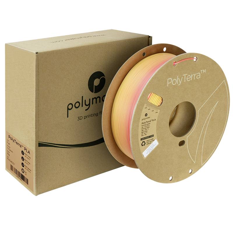Eine Rolle gelbes 3D-Druckerfilament der Marke Polymaker, PolyTerra, neben der Verpackung.