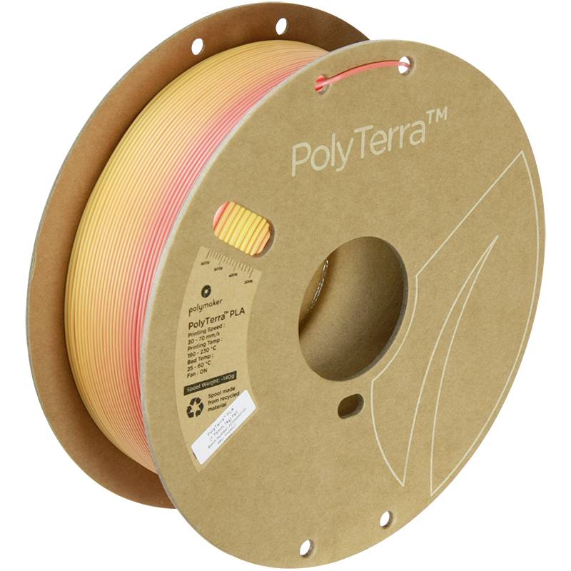 Spule mit 3D-Drucker-Filament, Marke 'PolyTerra', Farbe von Gelb zu Rot verlaufend, nachhaltige Verpackung aus recyceltem Karton.