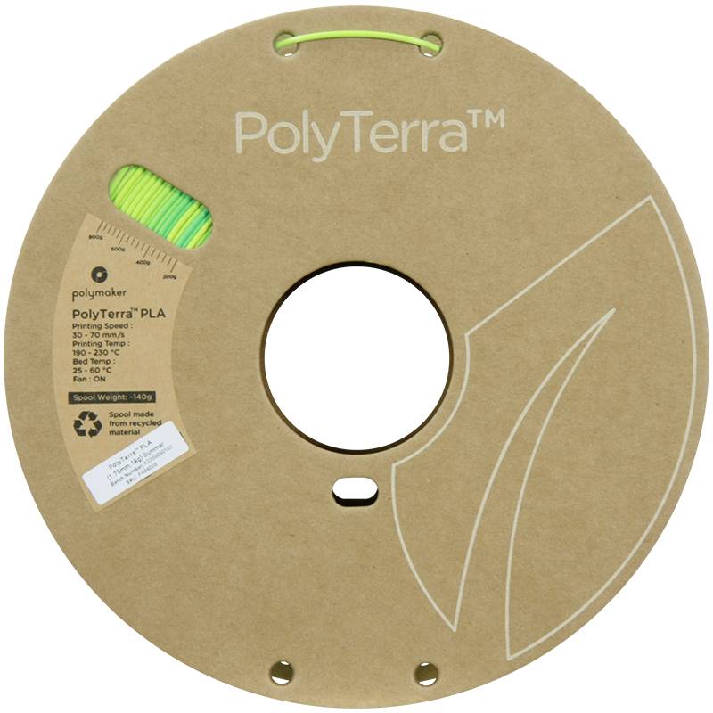 Eine Kunststoffspule aus recyceltem Material, die PolyTerra PLA-Filament in Grün enthält. Ideal für 3D-Druck, umweltfreundlich verpackt.
