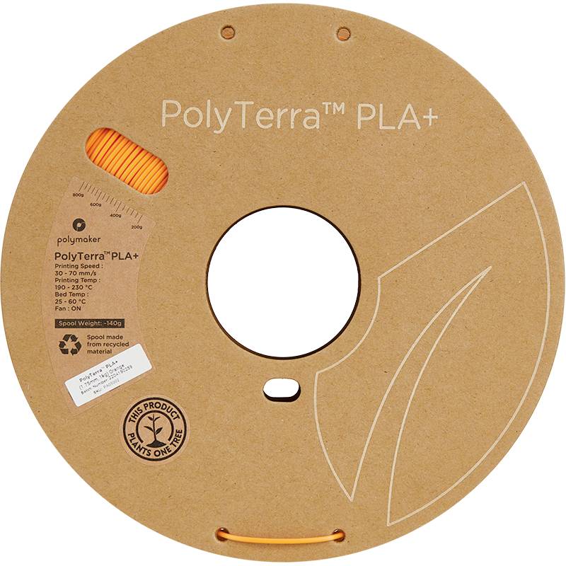 Eine runde Spule mit der Aufschrift 'PolyTerra PLA+'. Enthält 3D-Druckmaterial aus Pflanzenstärke. Umweltfreundliches Produkt.