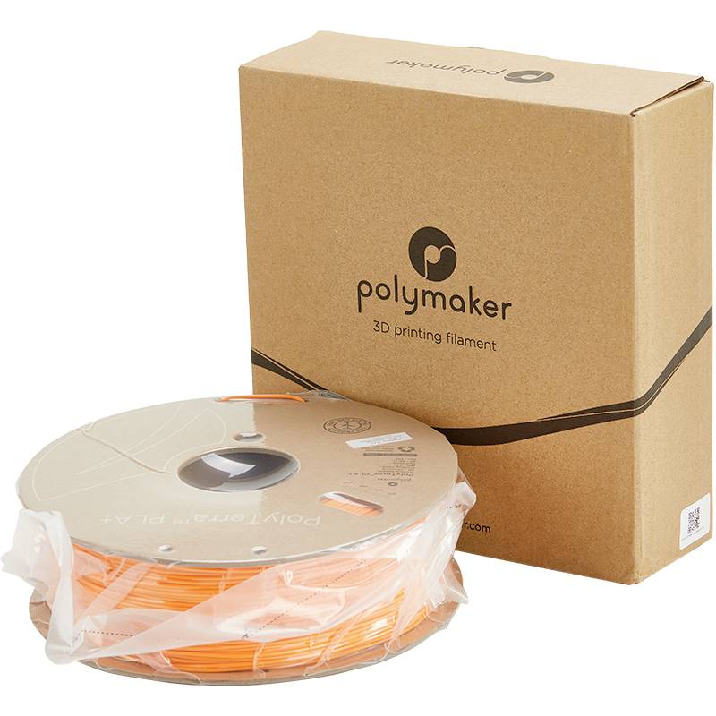 Eine Verpackung und eine Spule mit orangefarbenem 3D-Druck-Filament der Marke 'Polymaker' sind abgebildet.