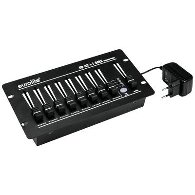 Ein schwarzes DMX-Mischpult, Modell 'Eurolite FD-32 + 1', mit neun Schiebereglern und einem angeschlossenen Steckernetzteil.