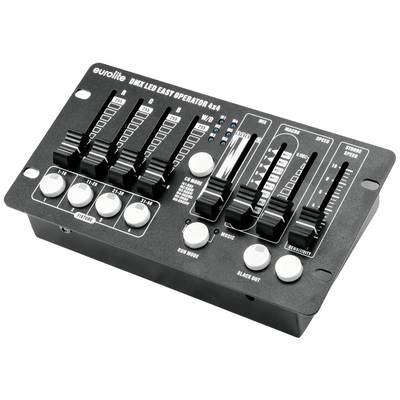 Ein DMX-Lichtsteuerpult mit Reglern und Knöpfen zur Steuerung von Lichteffekten, markiert als 'DMX LED EASY OPERATOR 4x4'.