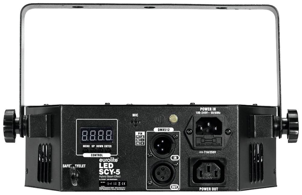 LED-Lichtgerät mit DMX512-Anschluss und digitalem Display. Netz- und DMX-Ein-/Ausgänge sind sichtbar, geeignet für Bühneneffekte.