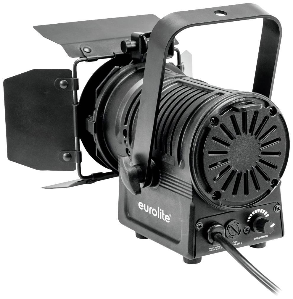 Ein schwarzer Scheinwerfer mit Barn Doors von Eurolite, geeignet zur Bühnenbeleuchtung.
