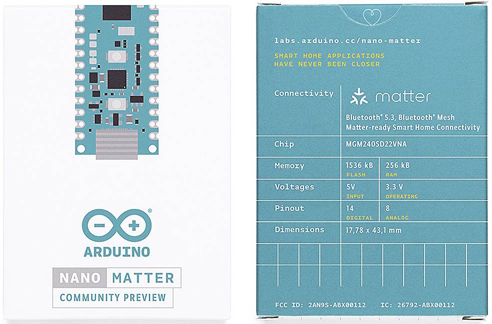 'Arduino Nano Matter Community Preview'-Verpackung. Zeigt Elektronikplatine und technische Details: 5V Spannung, 0,6W Leistung.