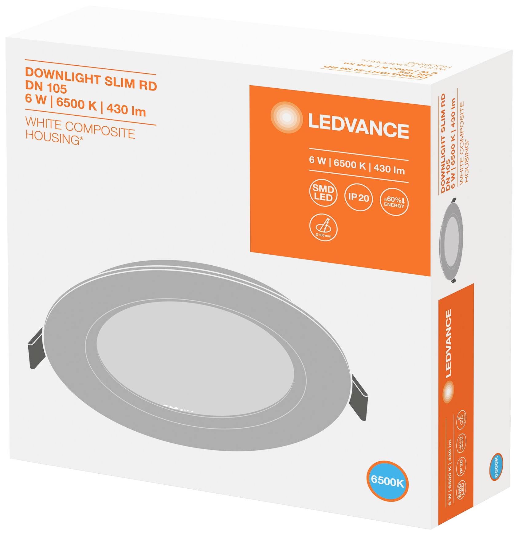 Verpackung einer LED-Deckenleuchte 'DOWNLIGHT SLIM RD DN 105' von LEDVANCE, 6 Watt, 6500 Kelvin, 430 Lumen, SMD LED, weißes Gehäuse.