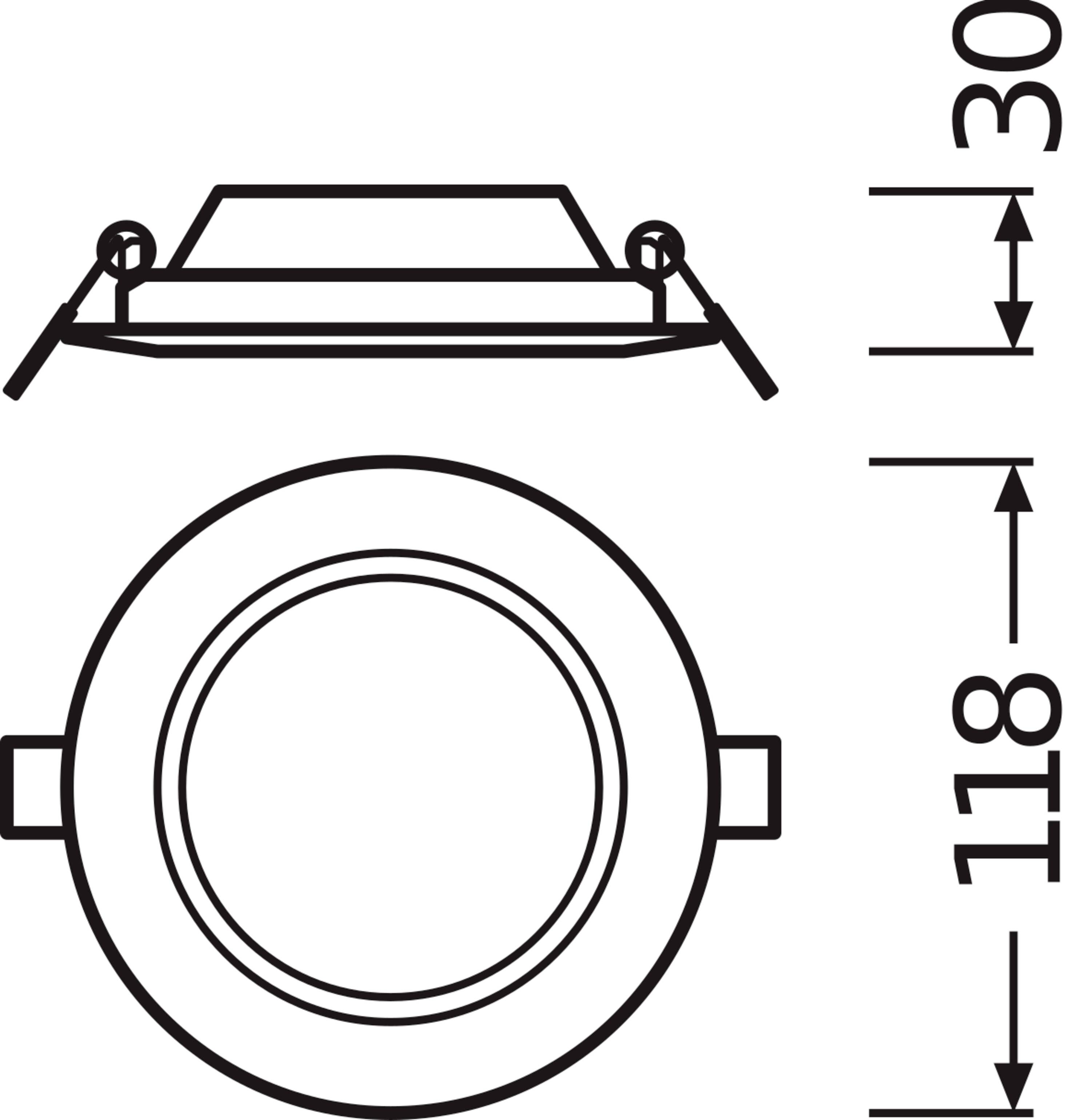 Technische Zeichnung einer runden Einbauleuchte; Durchmesser 118 mm, Höhe 30 mm. Zeigt Draufsicht und Seitenprofil mit Maßen.