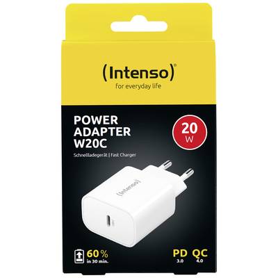 'Intenso Power Adapter W20C' Ladegerät Verpackung, 20W, Schnellladegerät, PD 3.0, QC 4.0.zeigt ein weißes USB-C-Netzteil.