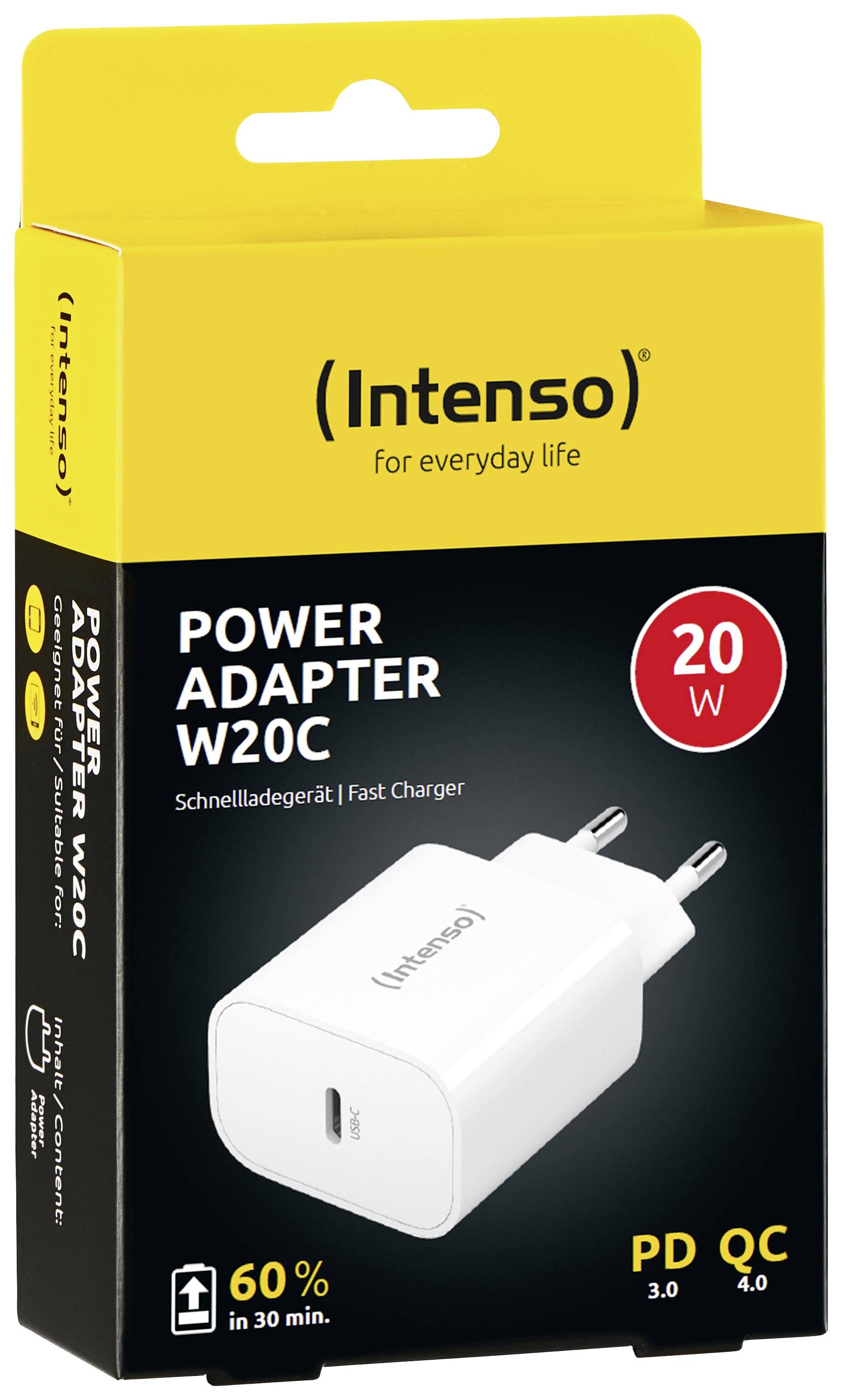 Gelbes und schwarzes Verpackungsdesign für einen 'Intenso Power Adapter W20C' mit 20W. Schnellladegerät, Port sichtbar, PD 3.0, QC 4.0.