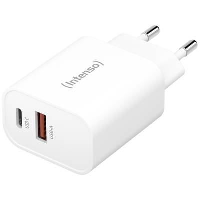 Weißes USB-Ladegerät mit zwei Anschlüssen: USB-C und USB-A. Markennamen 'Intenso' auf der Oberseite. Europäischer Stecker.