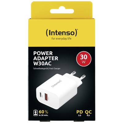 'Ladeadapter Intenso W30AC, 30W Schnellladegerät, mit USB-C- und USB-A-Anschlüssen. Verspricht 60% Aufladung in 30 Minuten.'