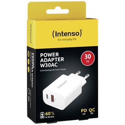 Gelbe Verpackung eines 'Intenso' Schnellladegeräts, 30 W Leistung, mit abgebildetem weißem Adapter. Hinweis auf 60 % schnelleres Laden.