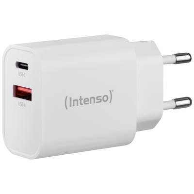 Weißes Intenso-Ladegerät mit zwei USB-Anschlüssen, einem USB-C- und einem USB-A-Anschluss, sowie einem Eurostecker.