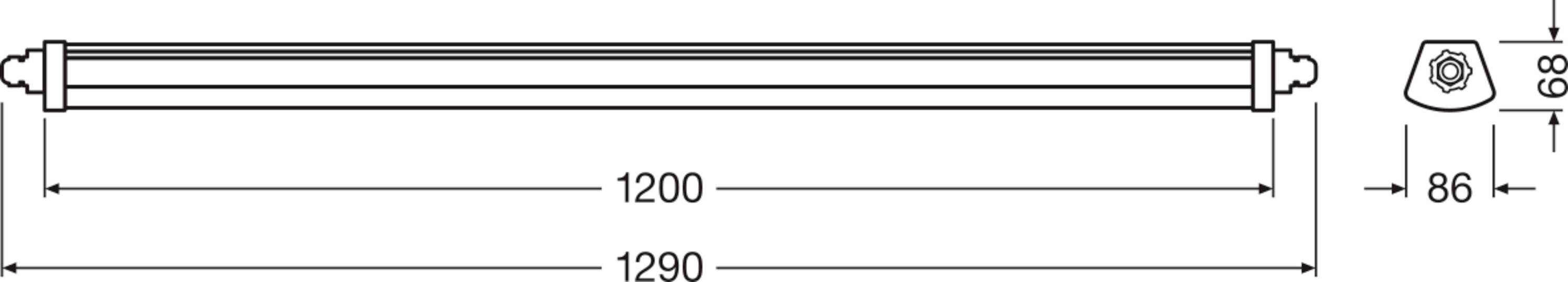 Zeichnung eines linearen Objekts mit Maßen: Länge 1200 mm, Breite 86 mm. Ansicht von oben und der Seite zeigt Verbindungspunkte.